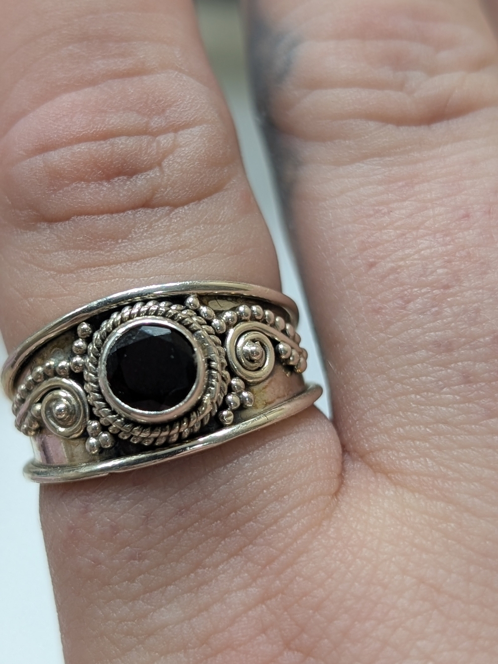 Sterling Silver Garnet Natural Gemstone Ornate Band Ring